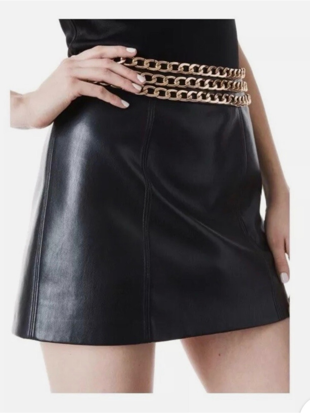 Alice + Olivia Rizo Black Faux Leather Mini Skirt with Triple Gold Chain Waist